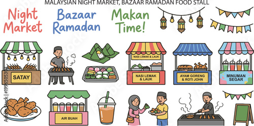 Malaysian Night Market, Bazaar Ramadan Food Stall, Asian Street Night Market, Set Doodle Cartoon Illustration