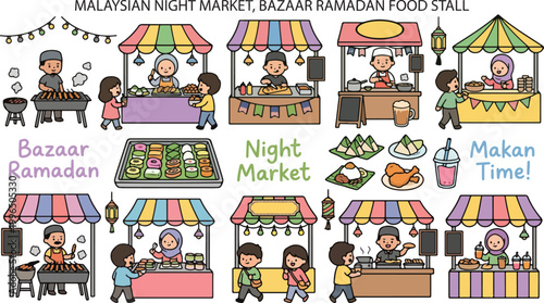 Malaysian Night Market, Bazaar Ramadan Food Stall, Asian Street Night Market, Set Doodle Cartoon Illustration
