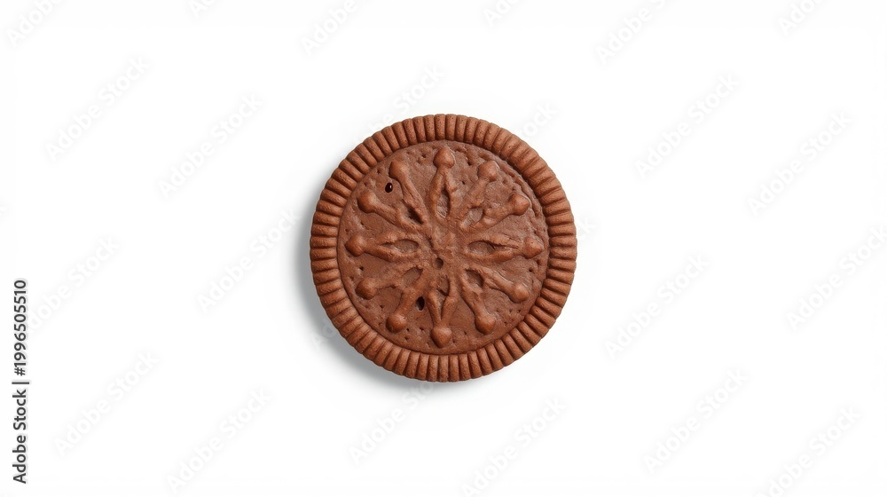 Fototapeta premium A single dark chocolate cookie with a patterned surface sits on white.