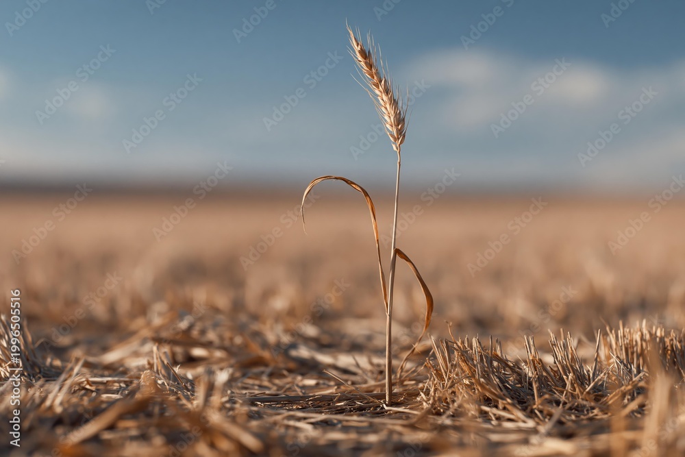 Fototapeta premium A single stalk of wheat stands tall in a harvested field under a blue sky
