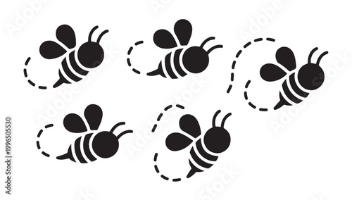 Bee swarm flying with dash path trail silhouette icons set isolated on white background art.