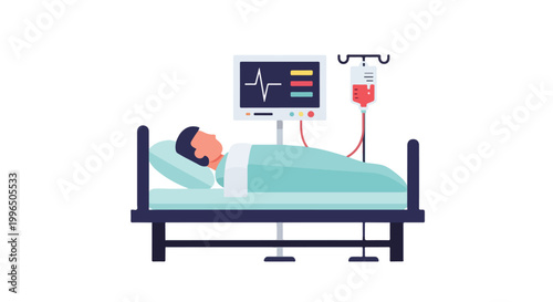 A male patient lies in a hospital bed, connected to a medical monitor displaying vital signs and receiving an intravenous fluid infusion.
