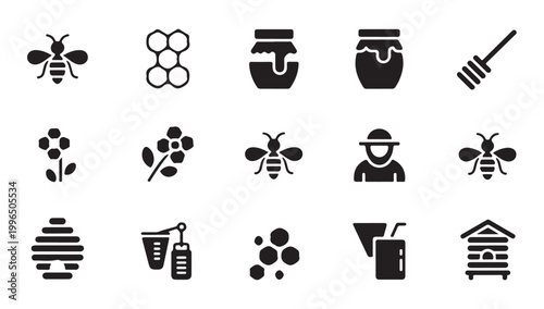 Beekeeping icons and honey production equipment silhouette set for apiary business branding.