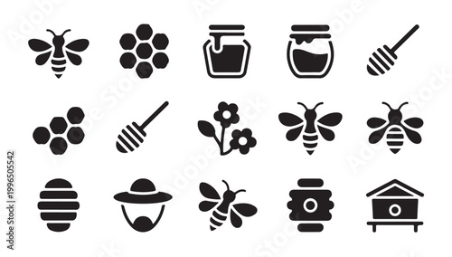 Honey bee farm icons set with apiary tools and honeycomb silhouettes for natural food design.