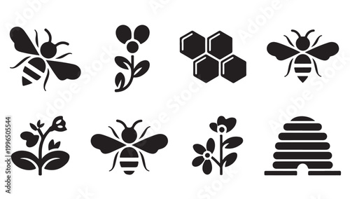 Nature honey bee and wildflowers silhouette icons set for garden and apiary vector branding.