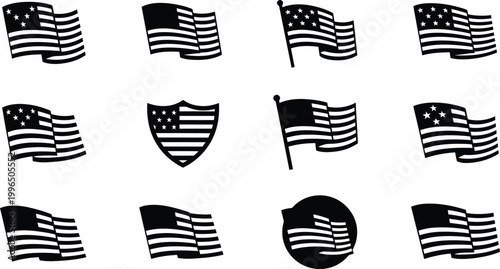 Flag Day. American flag and star vector icons collection with stripes and shapes design elements in black and white style
