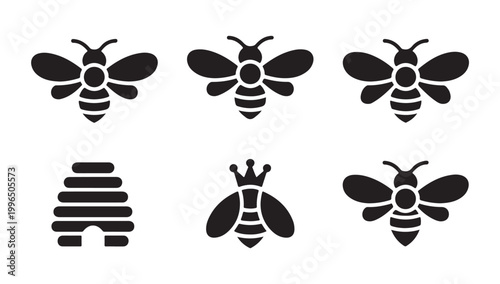 Collection of black bee icons and hive shapes in clean silhouette vector style.