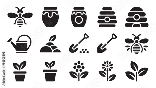 Grouping of beekeeping and gardening icons in unified silhouette vector style.