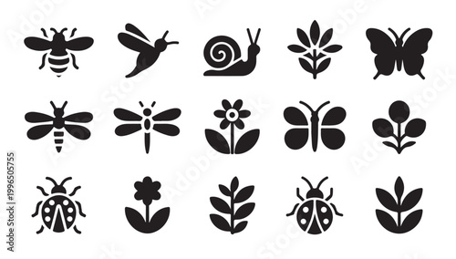 Collection of nature insects and plants flat icons for spring design vector silhouette.