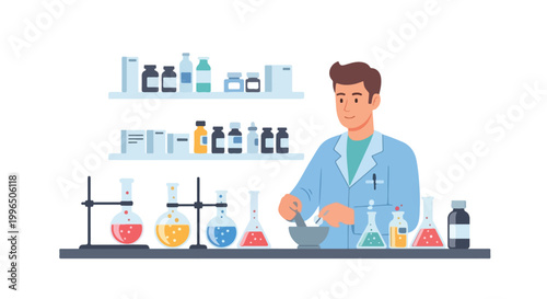 A professional male pharmacist in a lab coat works in a laboratory, mixing ingredients with a mortar and pestle amidst colorful chemical flasks.
