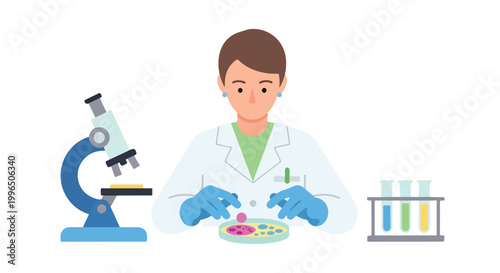 A female scientist in a white lab coat and blue gloves carefully examines a petri dish with colorful cultures next to a microscope and test tubes.