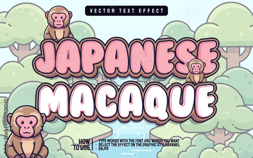 Japanese macaque editable text effect with cute kawaii cartoon monkey, forest background, playful typography for children design and branding