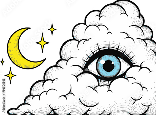 All-Seeing Eye Within a Cloud at Night with Crescent Moon and Stars
