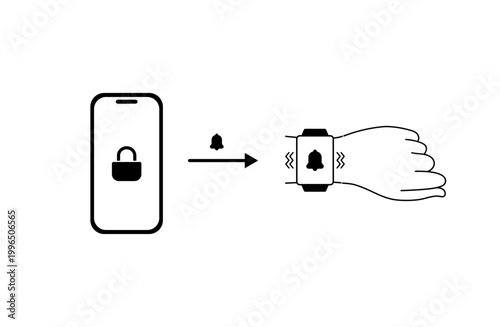 ロック中のスマホの通知をスマートウォッチで確認するスマホ依存対策のフラットイラスト