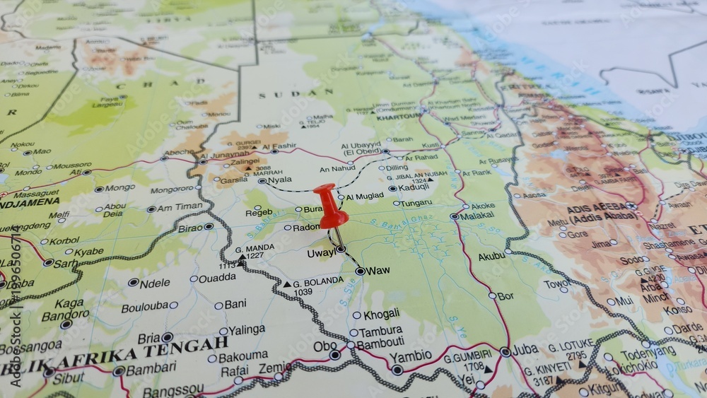Naklejka premium View of Aweil, is a city located in South Sudan, It is the capital of Northern Bahr el Ghazal state, on a geographical map of Africa, marked with red push pin