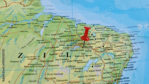View of Floriano, Municipality of Piaui state, Brazil, on a geographical map of America, marked with red pushpin