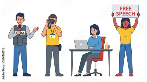 World Press Freedom Day vector illustration showing reporter, photographer, journalist working on laptop, and activist holding free speech sign to support independent media.