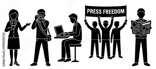 World Press Freedom Day vector black silhouette collection of media workers, including reporter, photographer, writer, newspaper reader, and a protesting crowd.