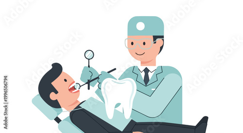 A friendly male dentist wearing a cap and glasses performs a dental checkup on a patient sitting in a chair in a medical clinic.