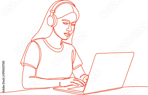 Woman Using Laptop with Headphones – Online Learning, Remote Work and Digital Lifestyle Vector Illustration