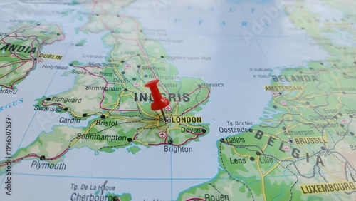 View of London, is the capital and largest city of England and the United Kingdom, on a geographical map of Europe, marked with red push pin