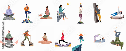Fotografía Set of flat illustrations of women practicing yoga, meditation, and mindful activities in natural settings like mountains, rocks, and forests