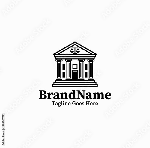 A courthouse building with columns is illustrated as an institutional law logo design monochrome formal
