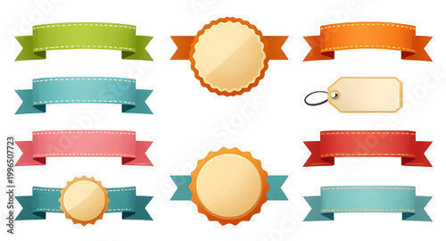 vintage ribbons, retro badges, award labels, decorative seals, classic emblems, vintage tags, ribbon banners, collectible badges, old style labels, ornamental ribbons, badge set, retro design elements