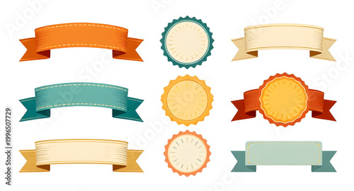vintage ribbons, retro badges, award labels, decorative seals, classic emblems, vintage tags, ribbon banners, collectible badges, old style labels, ornamental ribbons, badge set, retro design elements