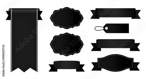 black ribbon silhouettes, ribbon banner set, decorative ribbon shapes, vintage ribbon labels, black banner ribbons, badge ribbon elements, ribbon icons collection, award ribbon shapes, label ribbon de