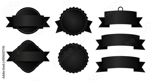 black ribbon silhouettes, ribbon banner set, decorative ribbon shapes, vintage ribbon labels, black banner ribbons, badge ribbon elements, ribbon icons collection, award ribbon shapes, label ribbon de