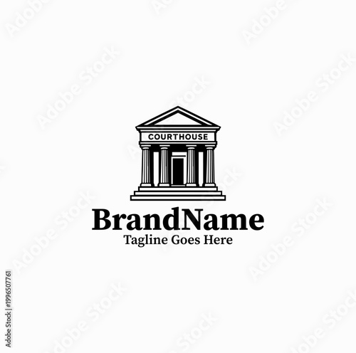 A courthouse building with columns is illustrated as an institutional law logo design monochrome formal
