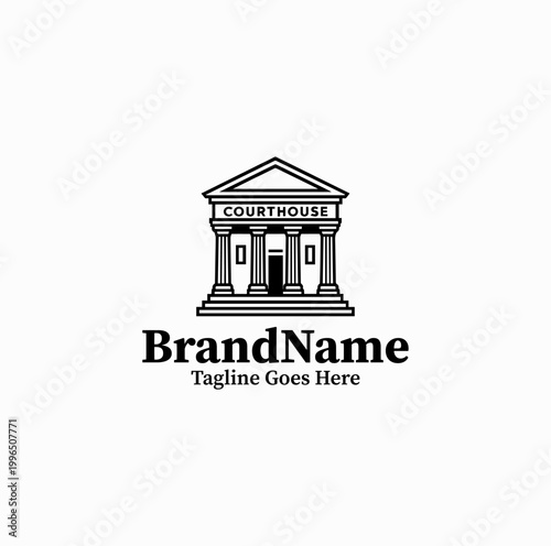 A courthouse building with columns is illustrated as an institutional law logo design monochrome formal
