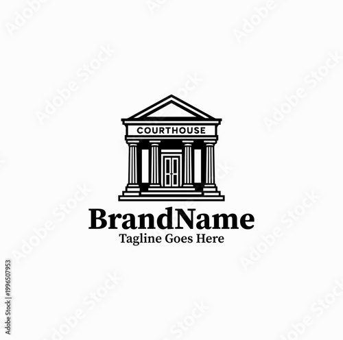 A courthouse building with columns is illustrated as an institutional law logo design monochrome formal
