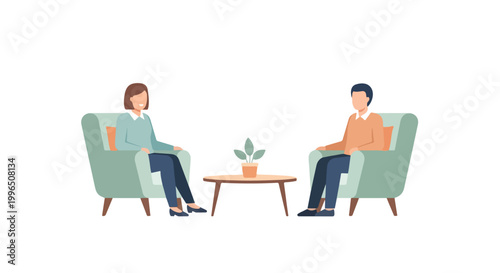 A flat vector illustration shows a man and woman sitting in comfy armchairs, talking across a round coffee table with a small plant.