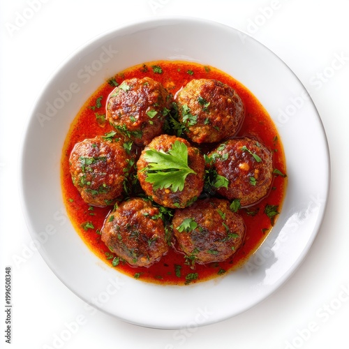 Kefta with tomato sauce - Tunisia meatball dish plate isolated on a white background