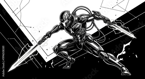 Futuristic warrior figure wielding energy blades in dynamic action pose