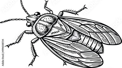 Black and white beetle engraving vector illustration of insect close up wildlife bug detail artwork