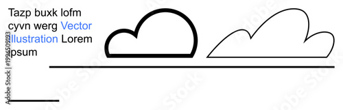 Weather icons, digital resources, minimal designs, cloud technology, graphic art, decorative visuals. Two outlined clouds with minimalistic text elements and horizontal lines. Weather icons