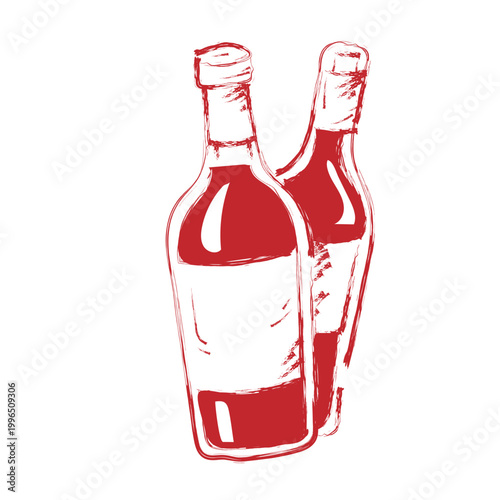 Wine Bottles Pair Hand Drawn Red Line Sketch Illustration