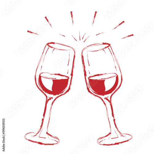 Two Wine Glasses Toast Hand Drawn Red Line Illustration