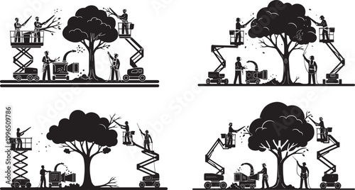 Workers using aerial lifts to prune and maintain trees in an urban setting vector silhouette