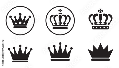 Six diverse crown icons, royal symbols for power and authority, luxury and monarchy emblems.