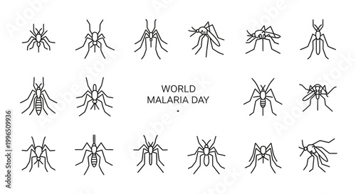 Linear vector art showcases a variety of mosquitoes to promote malaria awareness on World Malaria Day, displayed against a clean white background, emphasizing disease prevention
