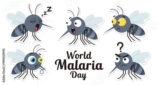 A flat vector illustration displaying various cartoon mosquitoes expressing different emotions for World Malaria Day, set against a clean white background to promote malaria prevention