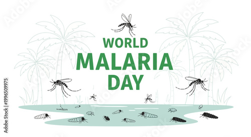 Illustrated vector art for World Malaria Day features mosquitoes around a water source with palm trees against a white background, promoting mosquito disease awareness and malaria