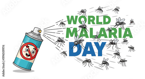 Vector illustration for World Malaria Day depicting a spray can with a no mosquitoes symbol emitting a cloud of mosquitoes against a clean white background, promoting malaria awareness