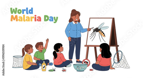 For World Malaria Day, an illustration shows a teacher pointing to a mosquito drawing on an easel in front of children in a classroom with a clean white background, conveying a mood