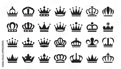 Collection of royal crowns and fleur de lis symbols isolated on checkered background.