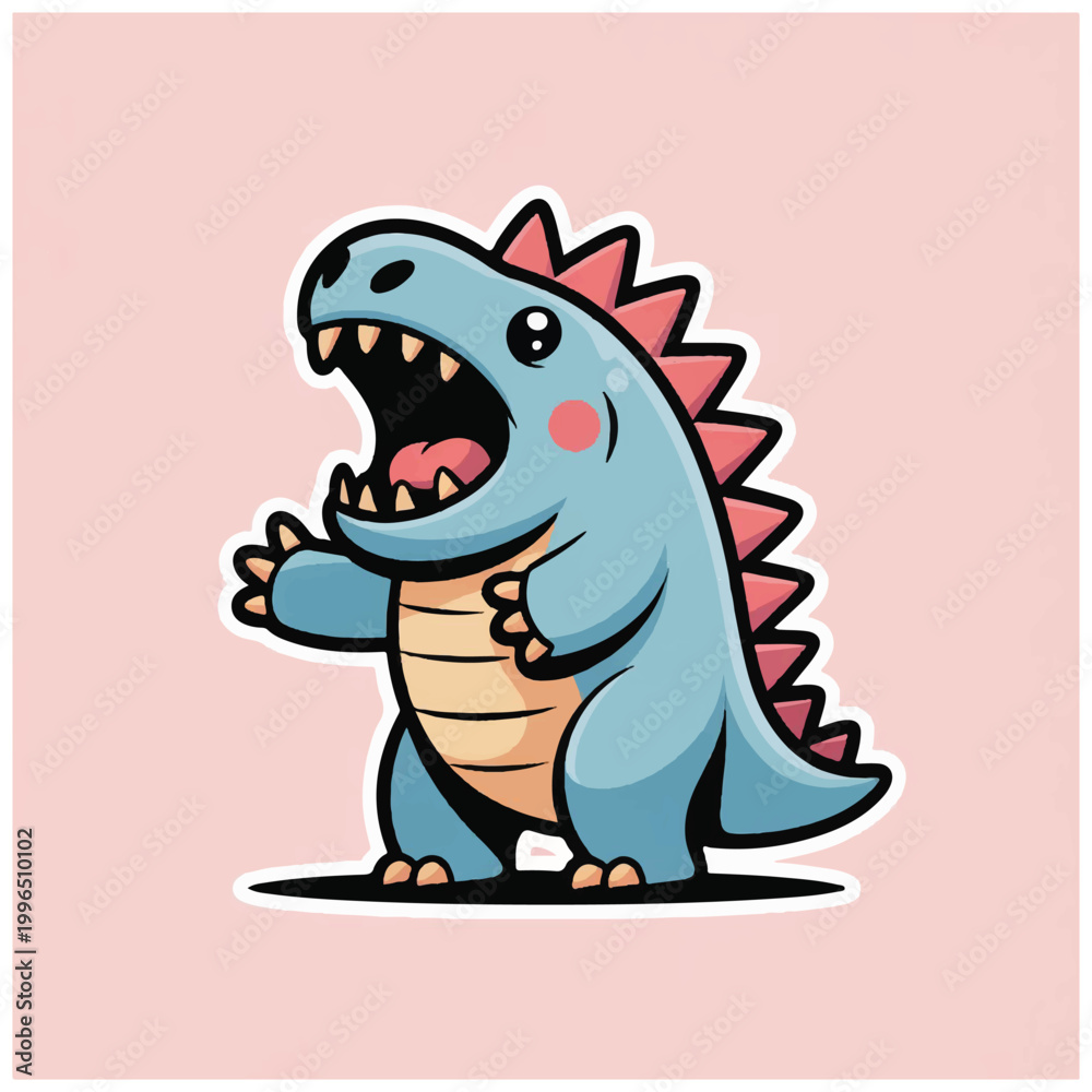 Fototapeta premium Cute cartoon dinosaur roaring with open mouth and sharp teeth.